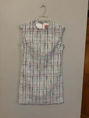 Kate Spade White Pastel Multicolour Tweed Fringed Sleeveless Shift Dress